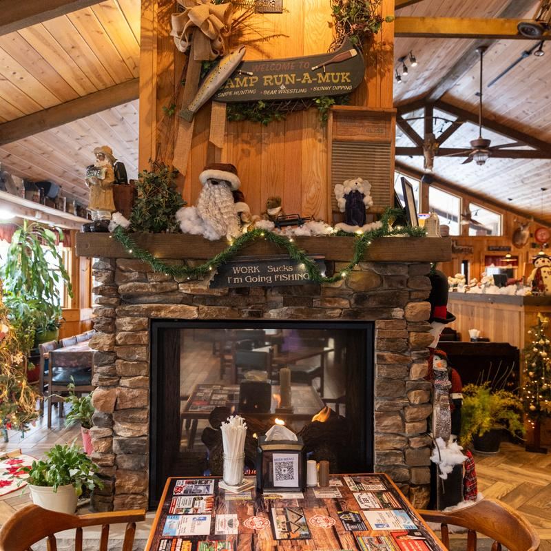 The stone fireplace in the dining room